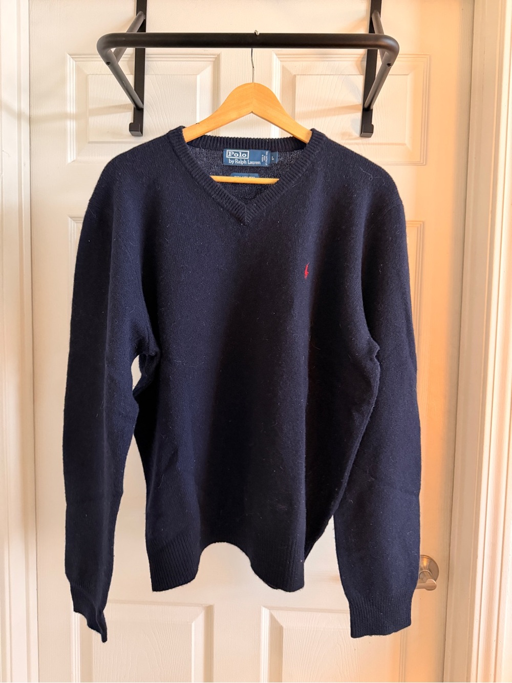 Polo Ralph Lauren Wool V‑Neck Sweater – Navy w/ Red Pony, Men’s L